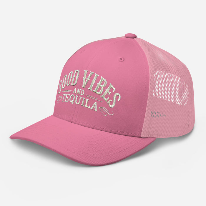 Good Vibes and Tequila Embroidered Trucker Cap: Classic Mesh Back, Adjustable Fit Party Hat Great Gift Idea