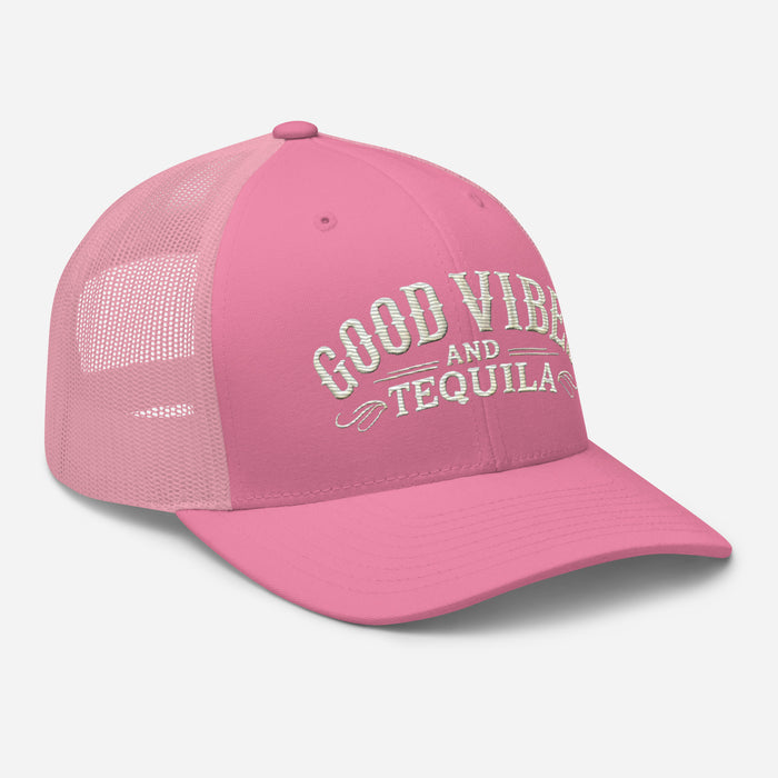 Good Vibes and Tequila Embroidered Trucker Cap: Classic Mesh Back, Adjustable Fit Party Hat Great Gift Idea