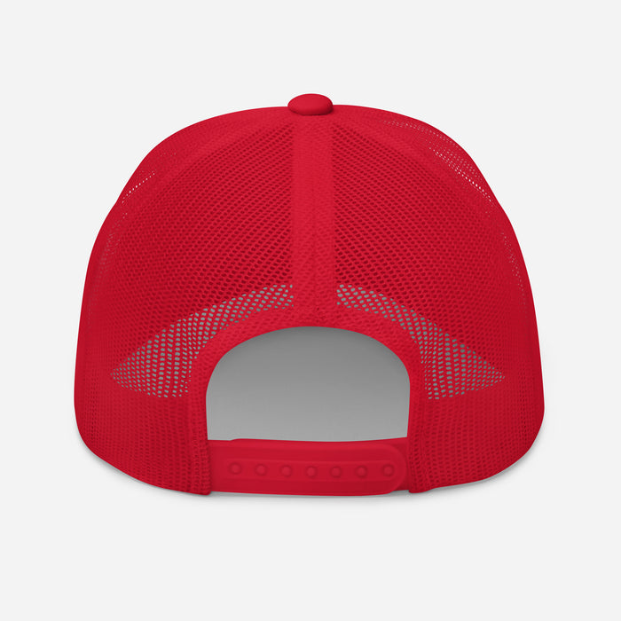 Trini Skies  Red Embroidered Trucker Hat, Adjustable Mesh Back Cap