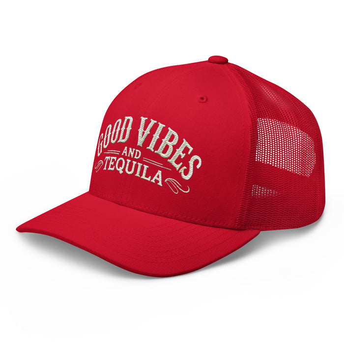 Good Vibes and Tequila Embroidered Trucker Cap: Classic Mesh Back, Adjustable Fit Party Hat Great Gift Idea