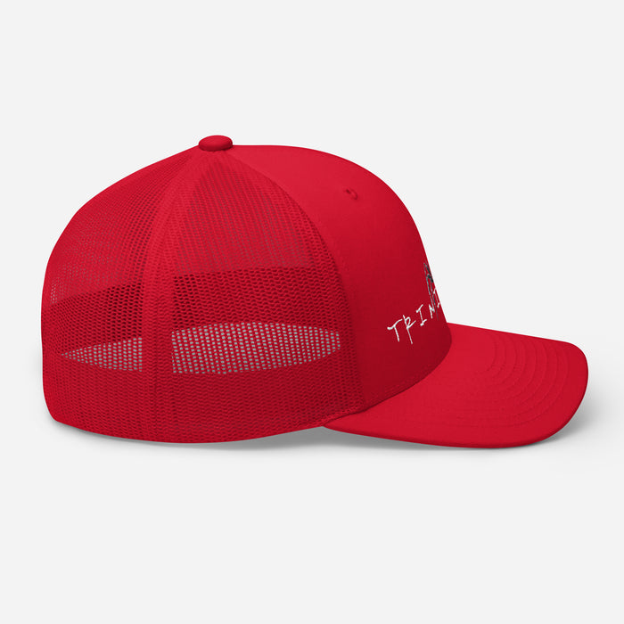 Trini Skies  Red Embroidered Trucker Hat, Adjustable Mesh Back Cap