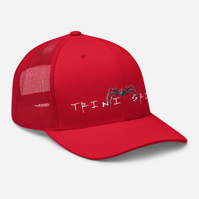 Trini Skies  Red Embroidered Trucker Hat, Adjustable Mesh Back Cap