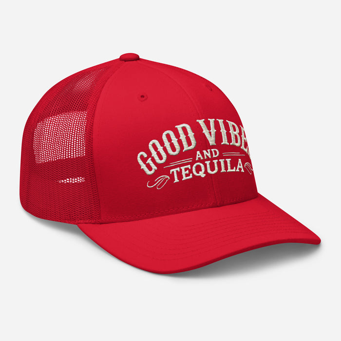 Good Vibes and Tequila Embroidered Trucker Cap: Classic Mesh Back, Adjustable Fit Party Hat Great Gift Idea