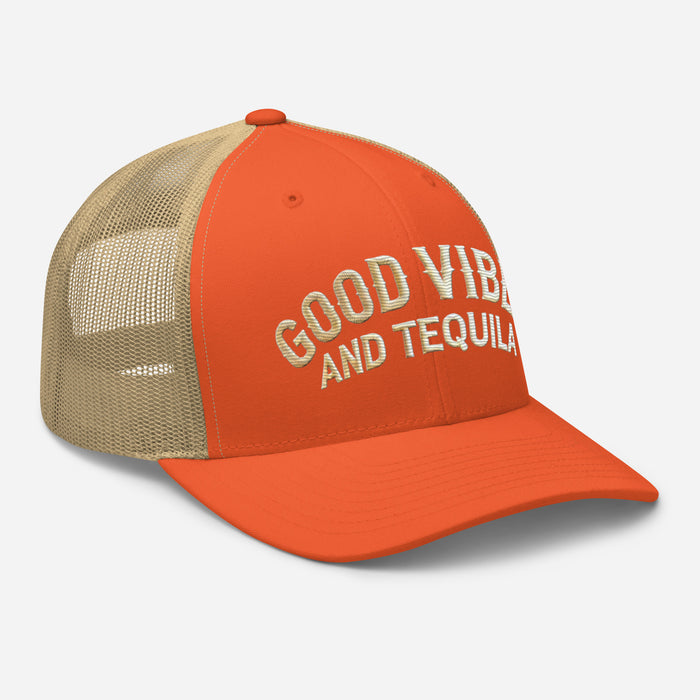 Good Vibes and Tequila Embroidered Trucker Cap: Classic Mesh Back, Adjustable Fit Great Gift