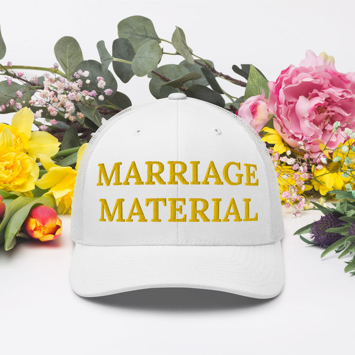 Marriage Material Embroidered Trucker Cap Classic Six-Panel Mesh Back Hat Womens Hat Wedding Party Hat Great Gift Idea