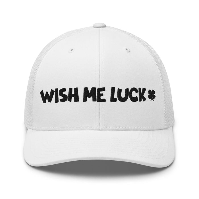 Embroidered Wish Me Luck Clover Trucker Hat Classic Comfort with Mesh Back Great Gift Idea Mens Hat Womens Hat