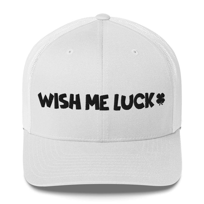 Embroidered Wish Me Luck Clover Trucker Hat Classic Comfort with Mesh Back Great Gift Idea Mens Hat Womens Hat