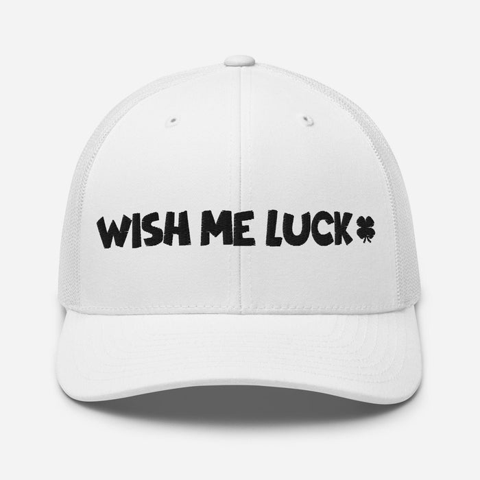 Embroidered Wish Me Luck Clover Trucker Hat Classic Comfort with Mesh Back Great Gift Idea Mens Hat Womens Hat