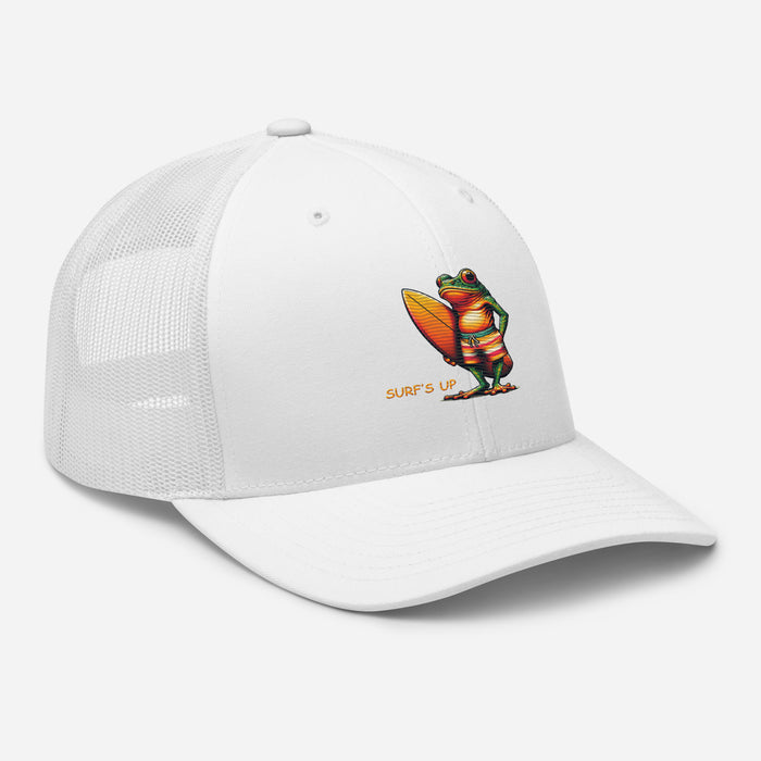 Surfs Up Surfing Frog Embroidered Trucker Cap by Trini Skies, Adjustable Mesh Back Cap