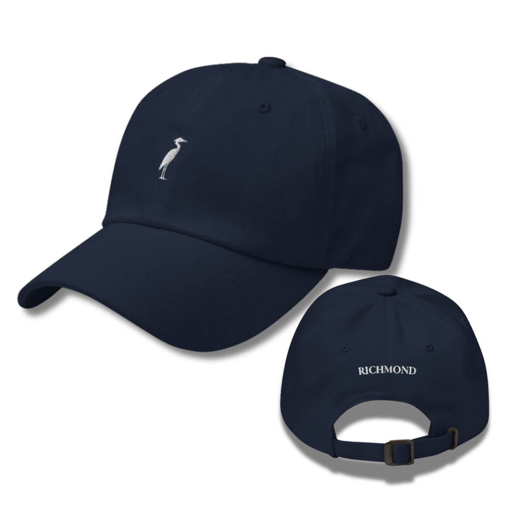 Great Blue Heron embroidered cotton twill dad hat navy front and back view Richmond Virginia Destination Collection Trini Skies