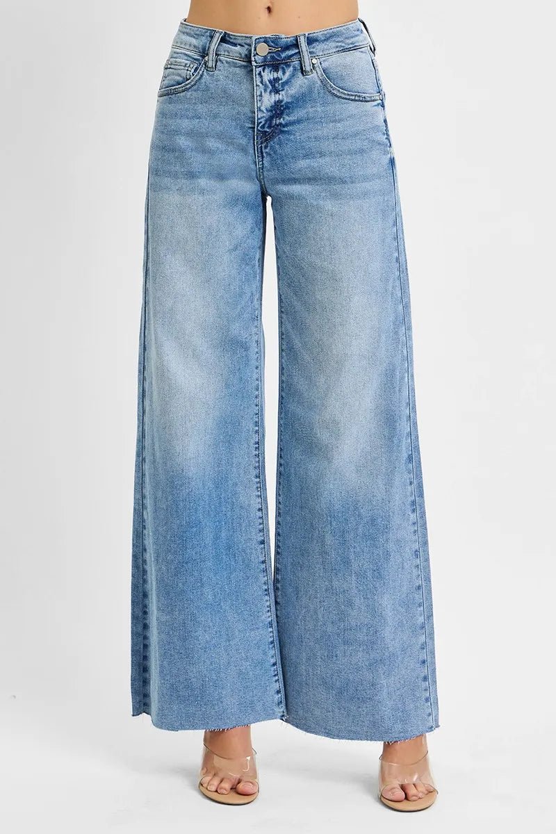 RISEN Full Size High Rise Wide Leg Palazzo Jeans – Light Wash Tummy Control Denim - Triniskies