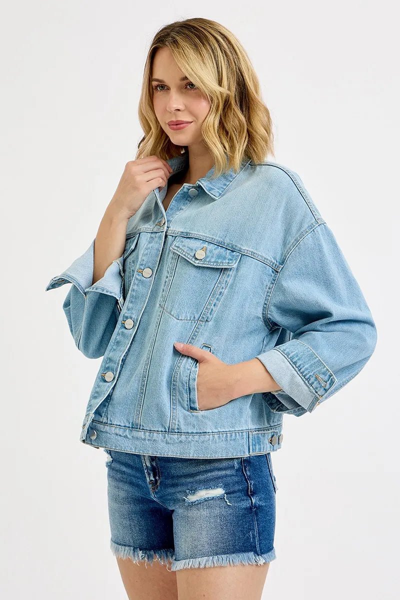 Risen Washed Dropped Shoulder Denim Jacket – Relaxed Light Wash Resort Layer - Triniskies