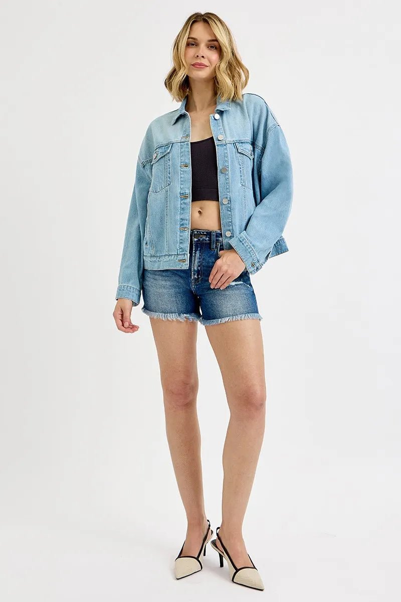 Risen Washed Dropped Shoulder Denim Jacket – Relaxed Light Wash Resort Layer - Triniskies