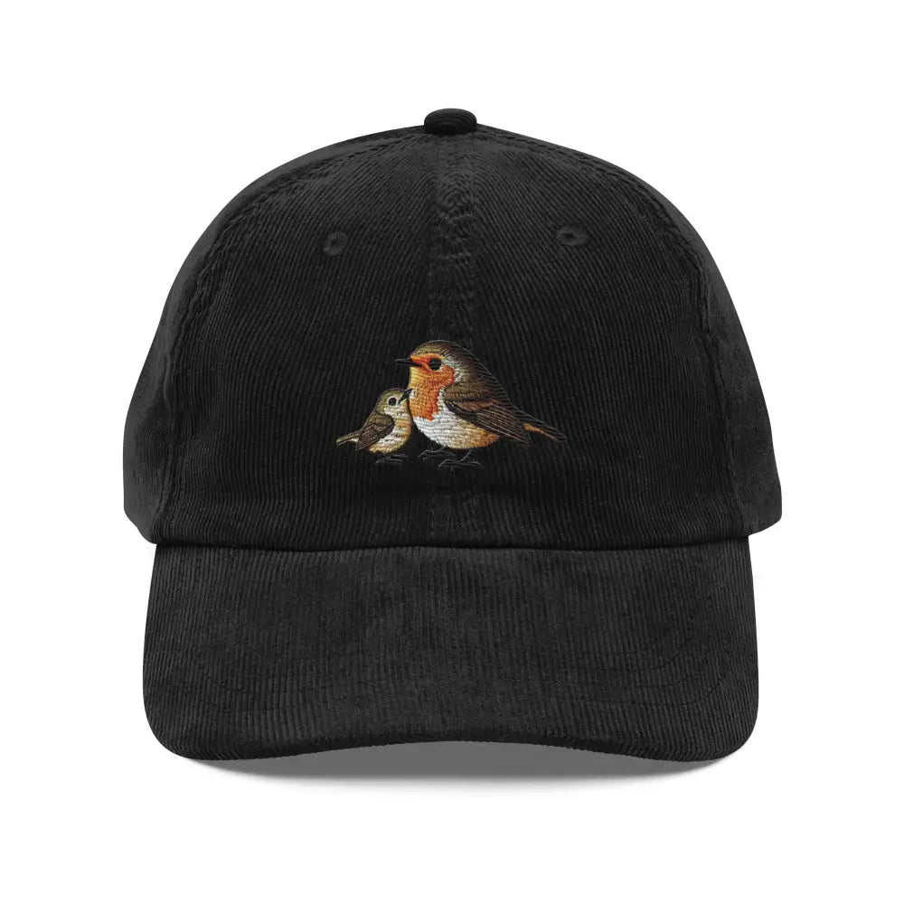 Embroidered vintage corduroy baseball cap with robin and chick design