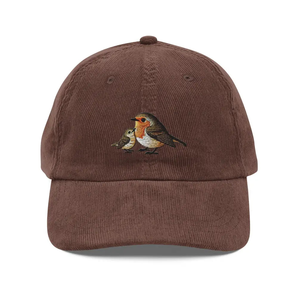 Embroidered vintage corduroy baseball cap with robin and chick