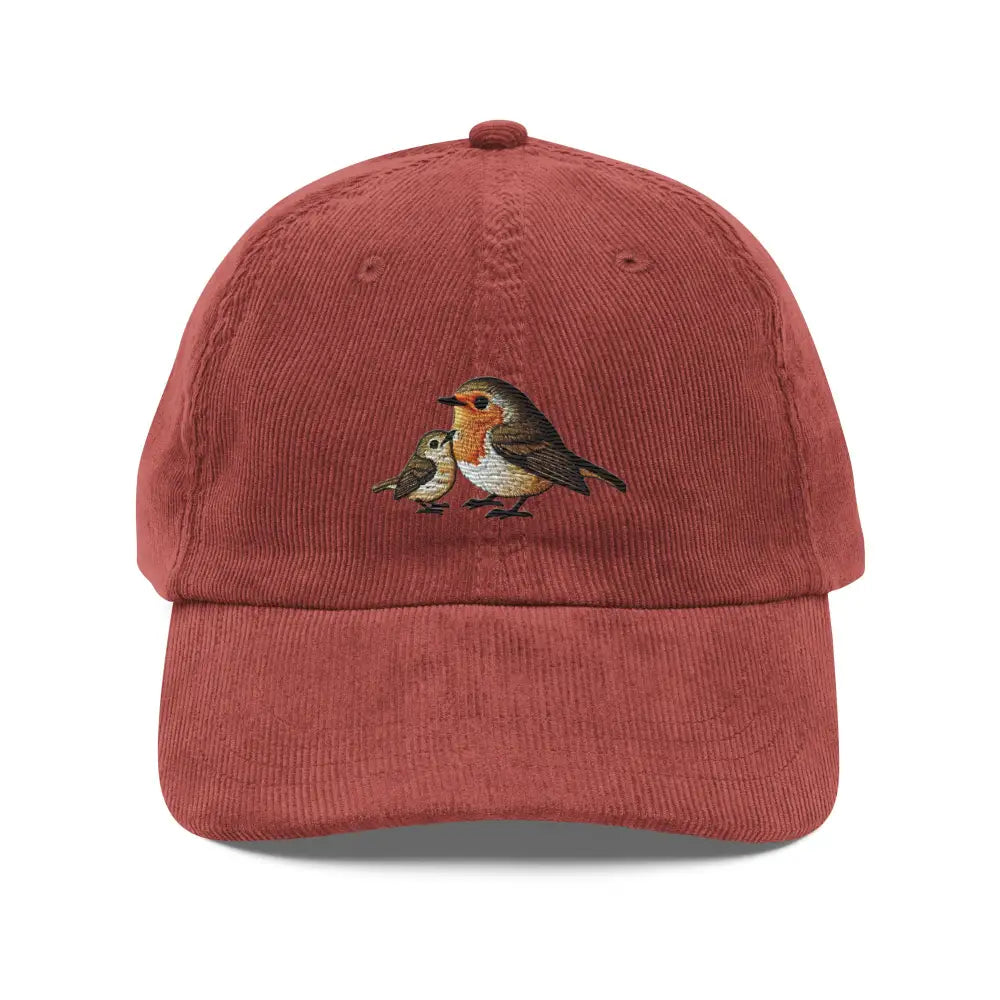 Red embroidered vintage corduroy baseball cap with robins
