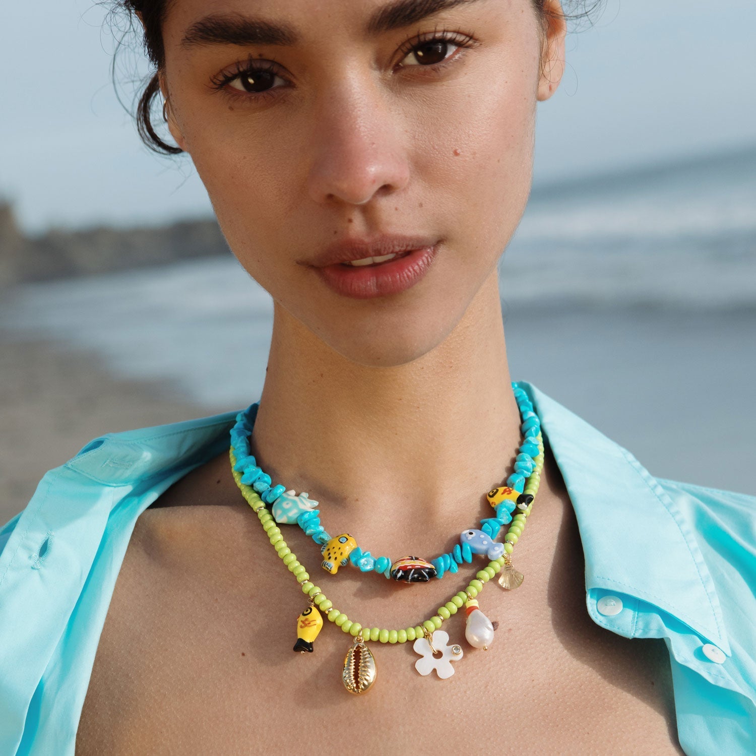 Romy Charm Necklace – Green Beaded Necklace with Painted Charms & Pearls - Triniskies