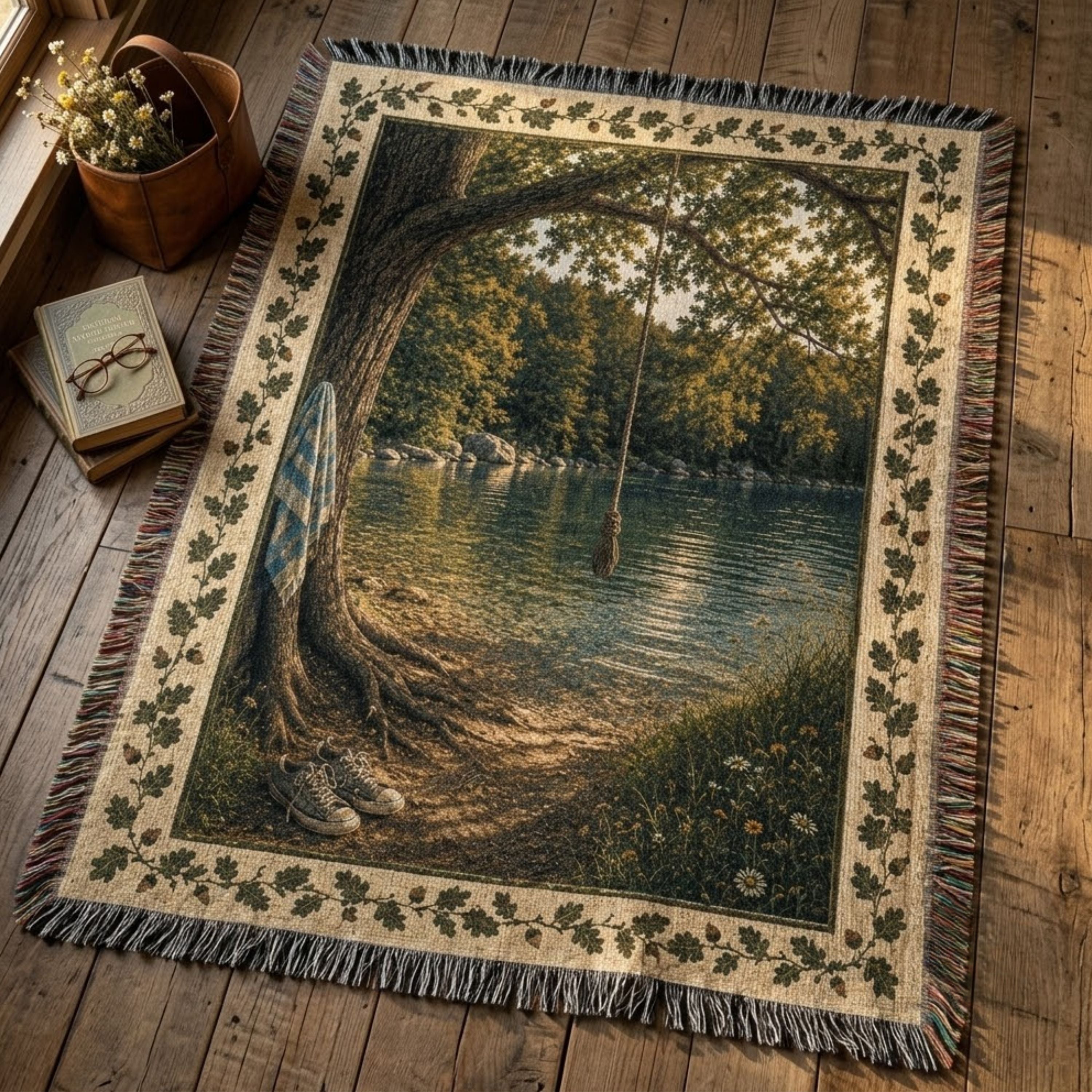 The Rope Swing woven cotton blanket draped over a chair — oak tree canopy arching over a summer swimming hole, sneakers on the worn path — Trini Skies