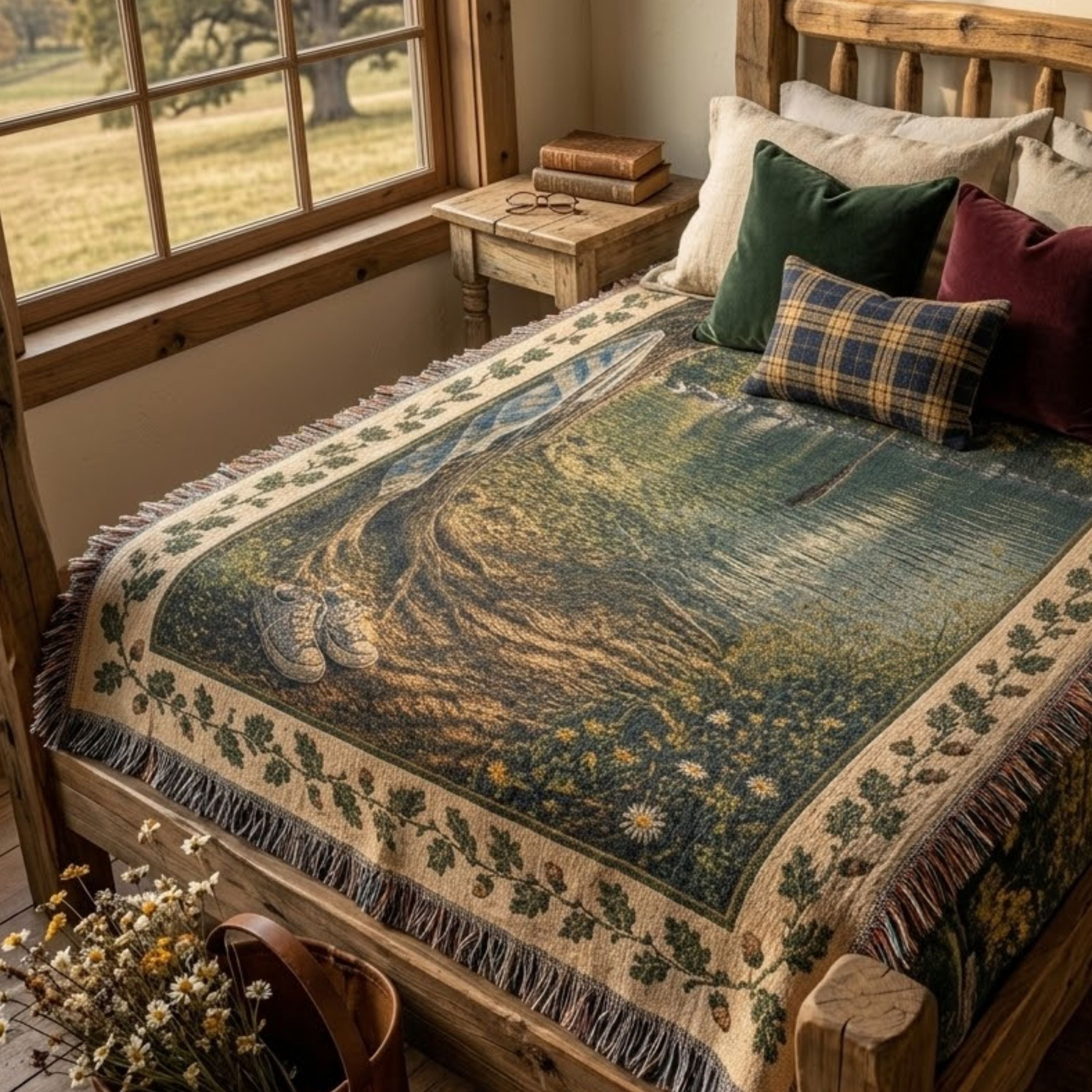 The Rope Swing woven cotton throw blanket draped across a bed in a lodge bedroom — summer swimming hole scene with oak leaf and acorn border — Trini Skies