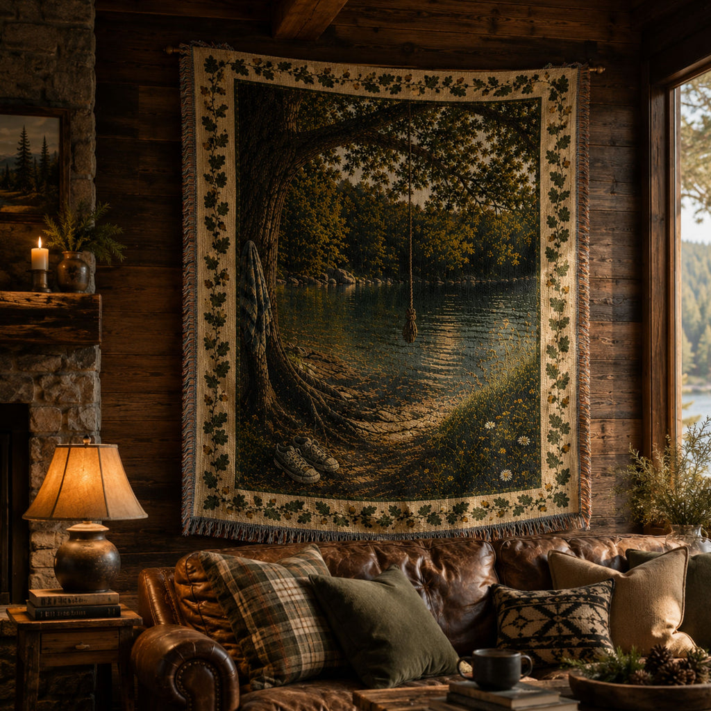 The Rope Swing heirloom throw blanket displayed on a cabin wall — woven cotton tapestry of a rope swing, clear water, and oak canopy — made in the USA — Trini Skies