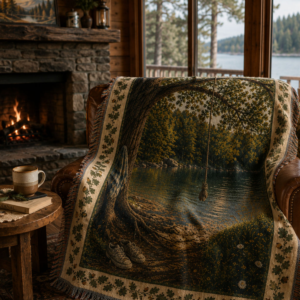 The Rope Swing woven cotton throw blanket over a leather chair by a fireplace — summer swimming hole scene with oak leaf botanical border — Trini Skies