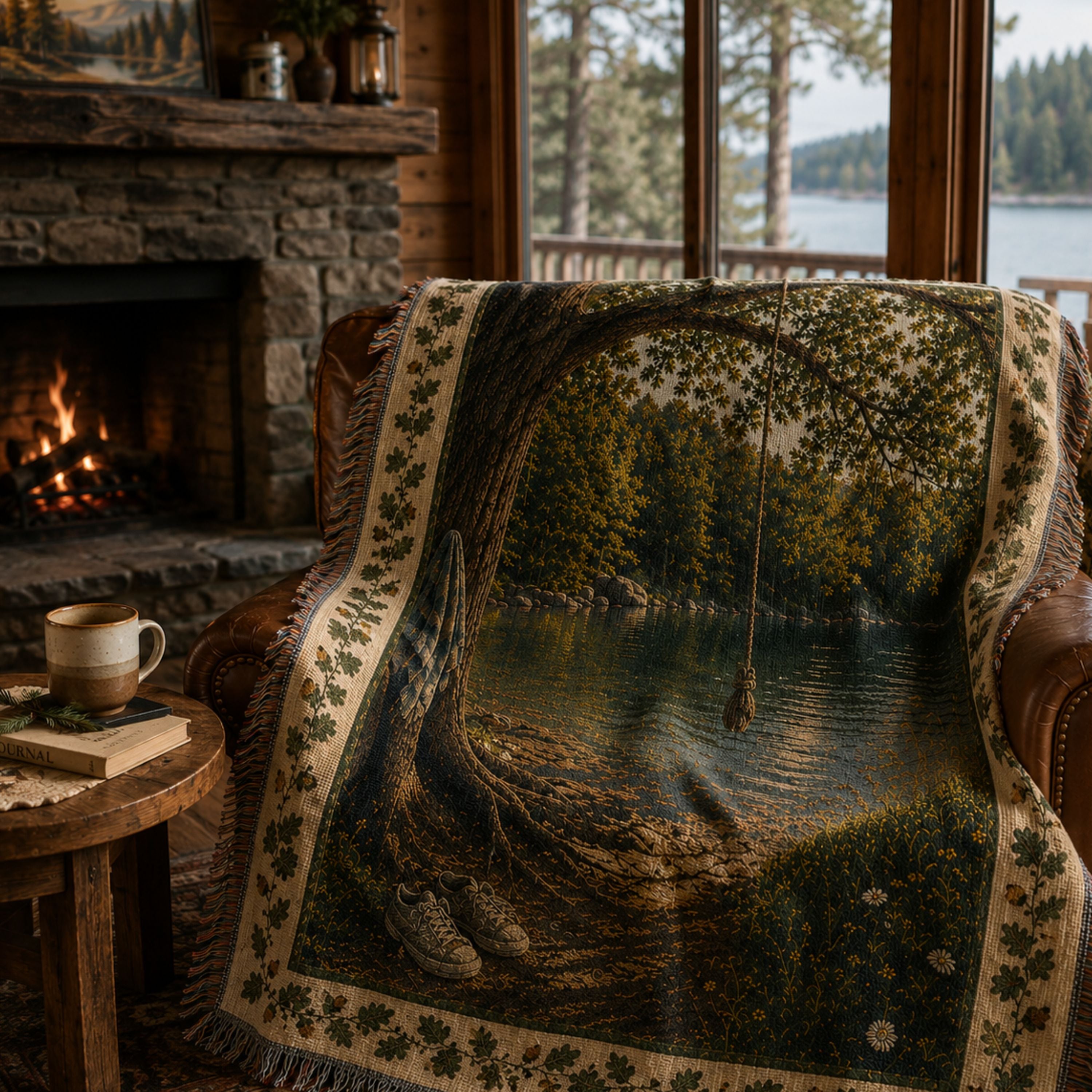 The Rope Swing woven cotton throw blanket over a leather chair by a fireplace — summer swimming hole scene with oak leaf botanical border — Trini Skies