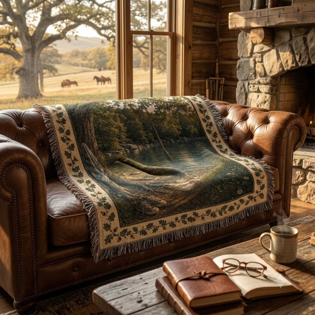 The Rope Swing heirloom woven blanket in a lodge living room setting — jacquard tapestry throw with oak canopy, rope swing, and swimming hole scene — Trini Skies