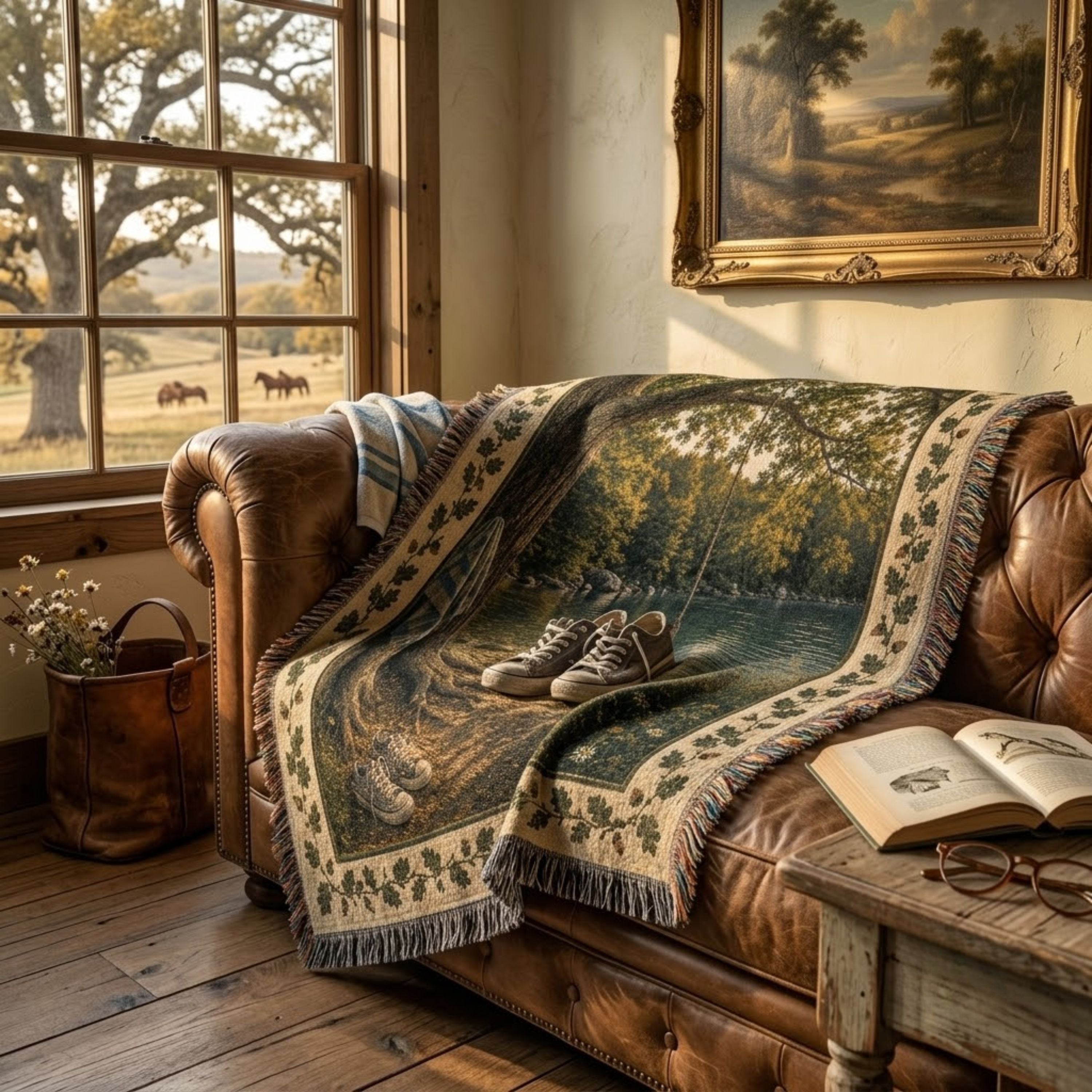 The Rope Swing woven cotton throw blanket draped over a leather sofa in a cabin interior — swimming hole and oak tree jacquard tapestry — Trini Skies