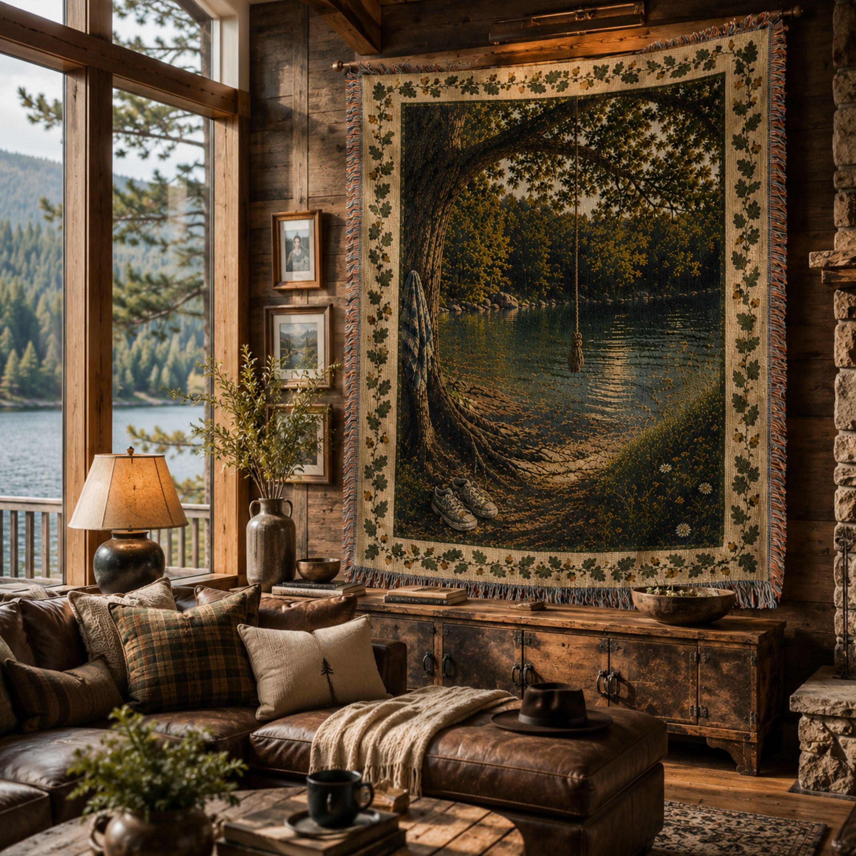 The Rope Swing heirloom woven cotton throw blanket displayed as wall art in a lodge living room — oak canopy scene with swimming hole, oak leaf and acorn border — Trini Skies