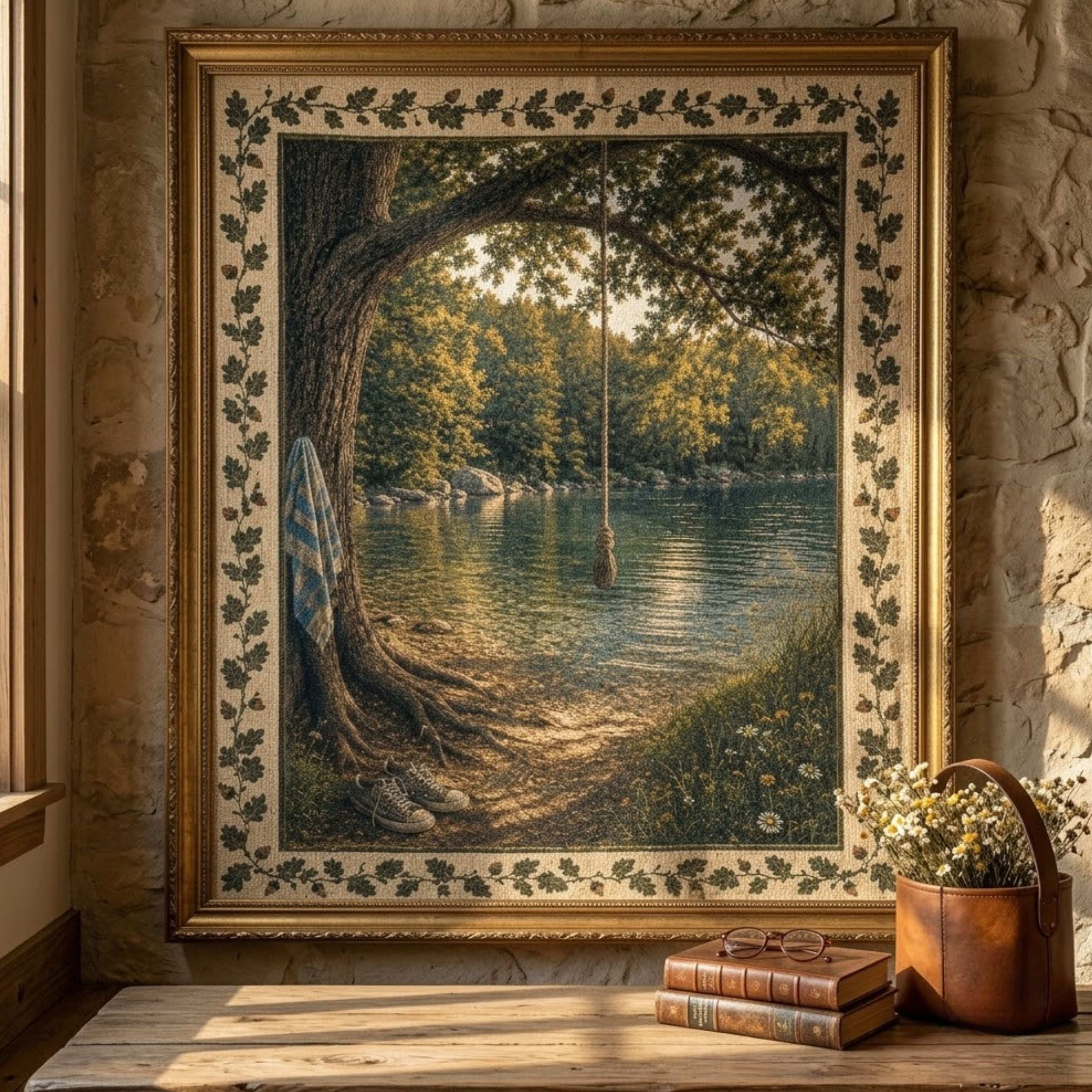 The Rope Swing heirloom woven blanket hung as a wall tapestry — oak tree, rope, sneakers on the bank, swimming hole scene — 100% cotton, made in the USA — Trini Skies