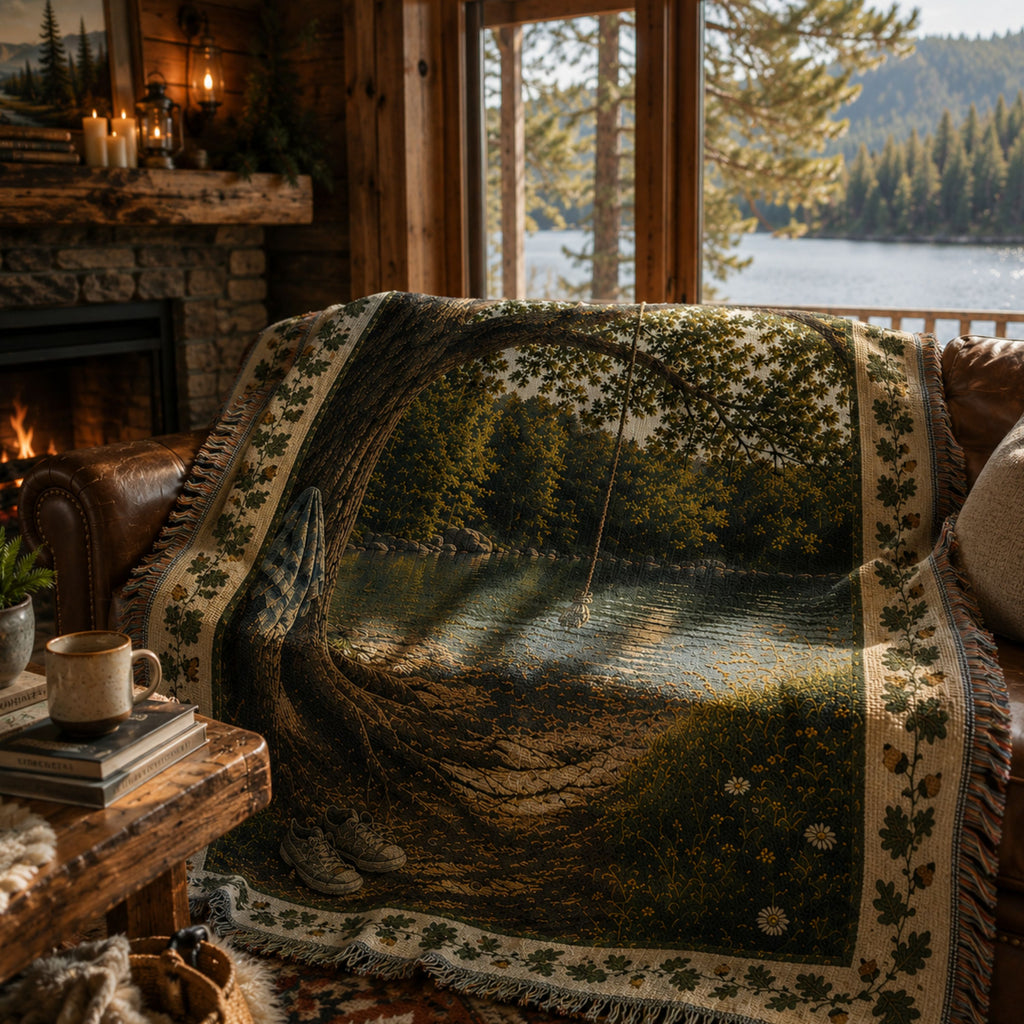 The Rope Swing heirloom woven throw blanket lifestyle image — jacquard tapestry of a rope swing over a clear swimming hole beneath an oak canopy — Trini Skies