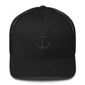 Black Trini Skies embroidered trucker hat with safe home anchor