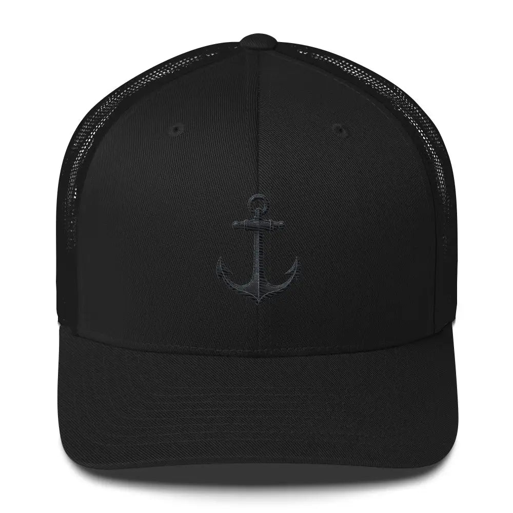 Black Trini Skies embroidered trucker hat with safe home anchor