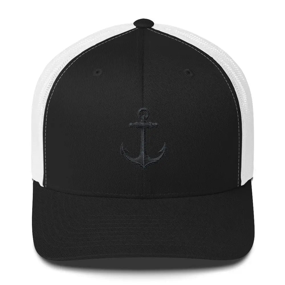 Black and white embroidered trucker hat with Safe Home Anchor design