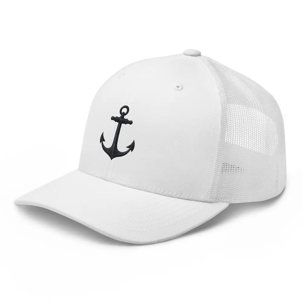 White Trini Skies embroidered trucker hat with Safe Home Anchor design