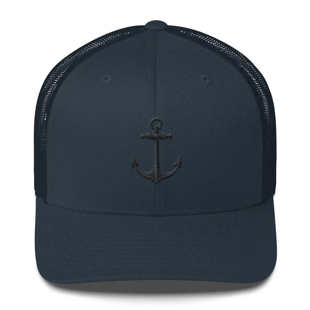 Dark blue embroidered trucker hat with Safe Home Anchor design