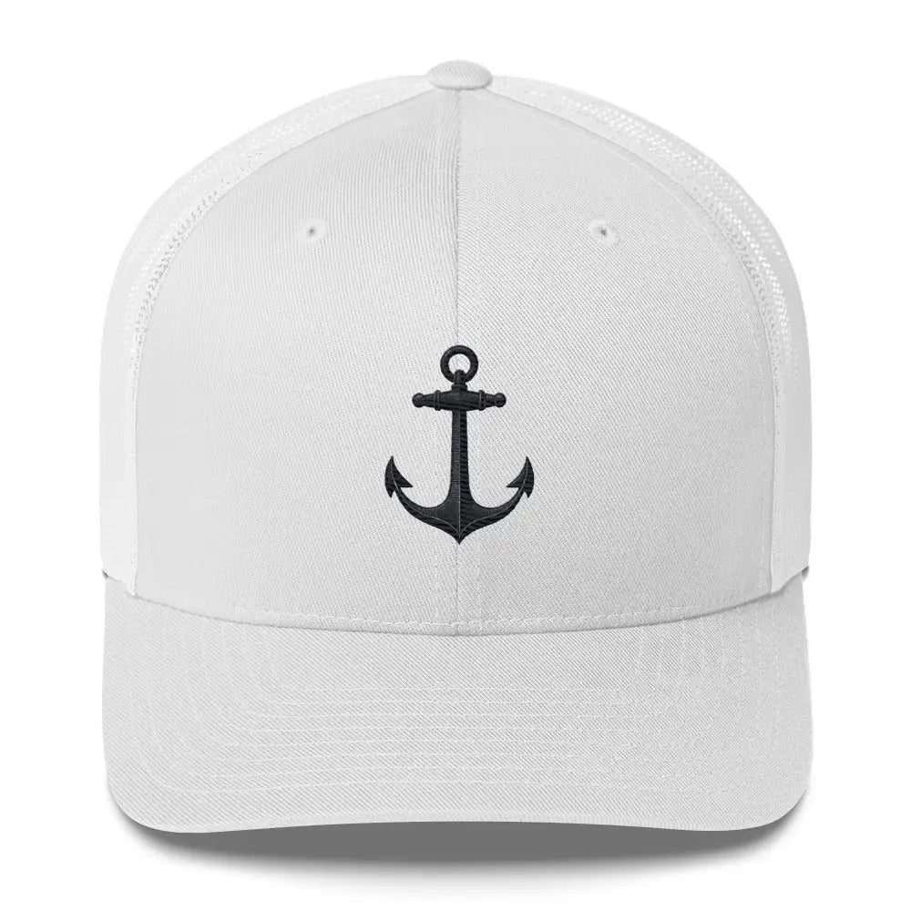 White Safe Home Anchor embroidered trucker hat with black anchor emblem