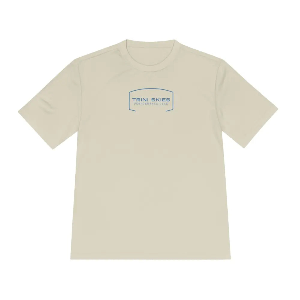 Beige short sleeve performance shirt with dynamic sailfish graphic