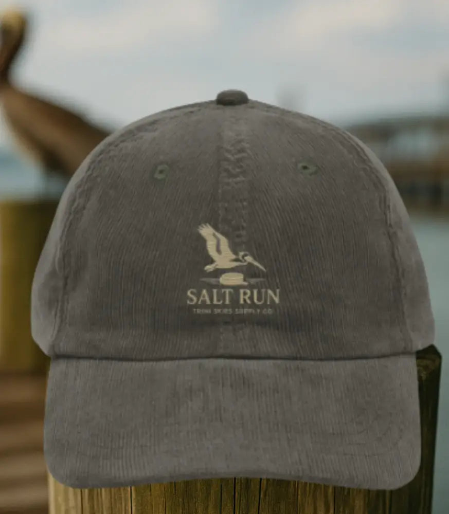 Gray Salt Run corduroy cap with vintage-style embroidered pelican