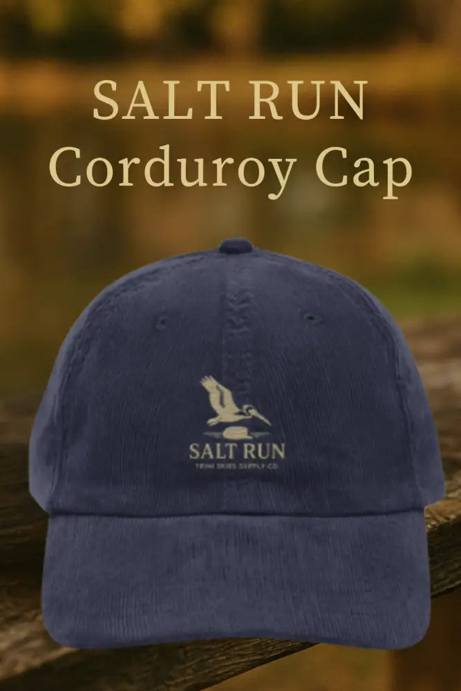 Navy blue Salt Run Heritage Edition vintage-style embroidered pelican corduroy cap