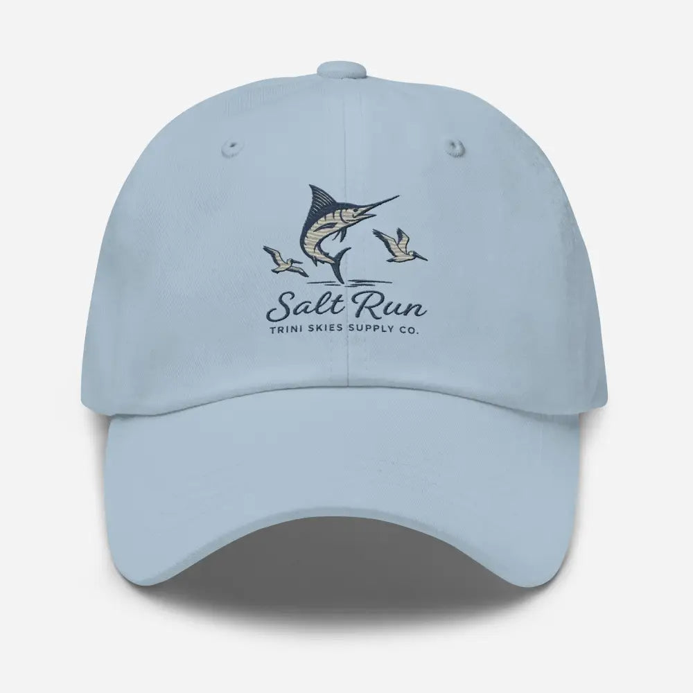 Light blue Salt Run Showdown Edition hat with marlin and seagulls embroidery
