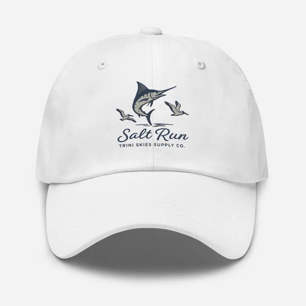Salt Run Showdown Edition white baseball cap with marlin and pelican logo
