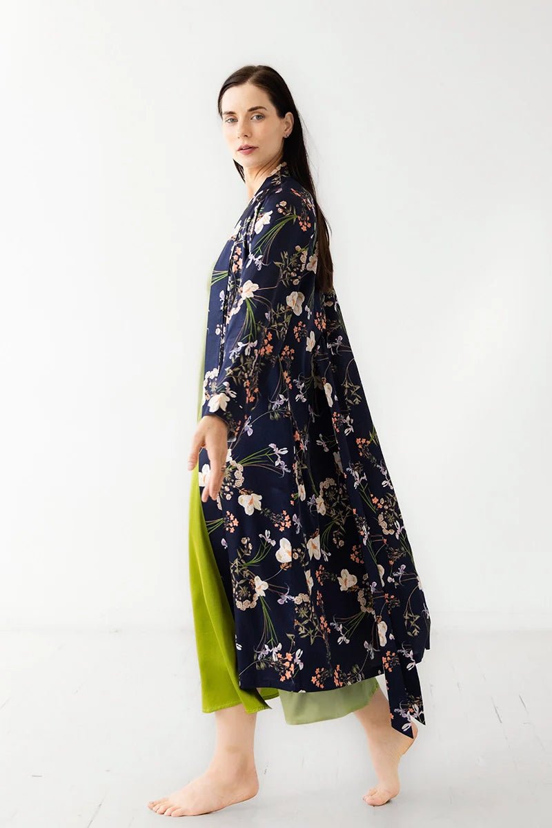 SALUA Silk Floral Robe – Midnight Blue Luxury Resort Loungewear - Triniskies