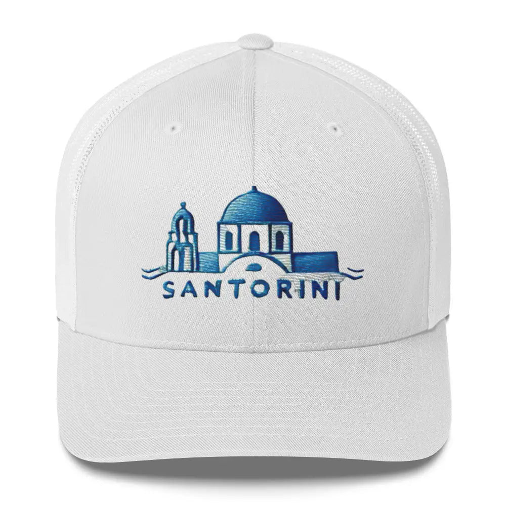 White Santorini embroidered trucker cap with blue motif
