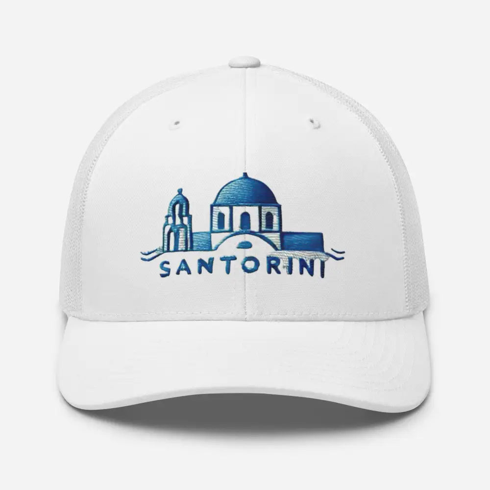 White embroidered Santorini Greece trucker hat – blue mesh back travel cap