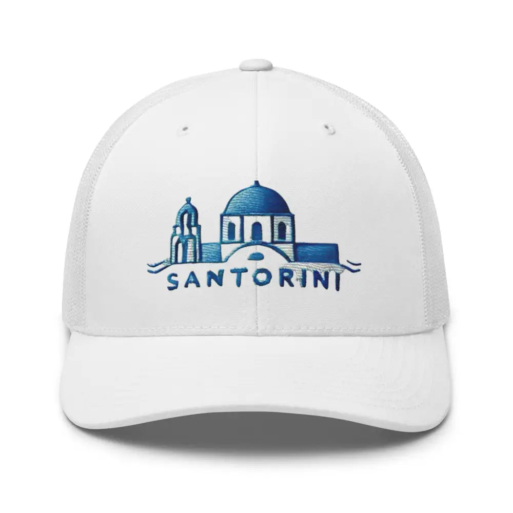 White embroidered Santorini mesh back trucker hat – Greek travel adjustable cap