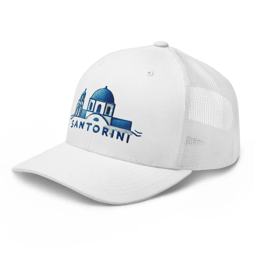 White embroidered Santorini trucker cap side view – blue mesh travel hat