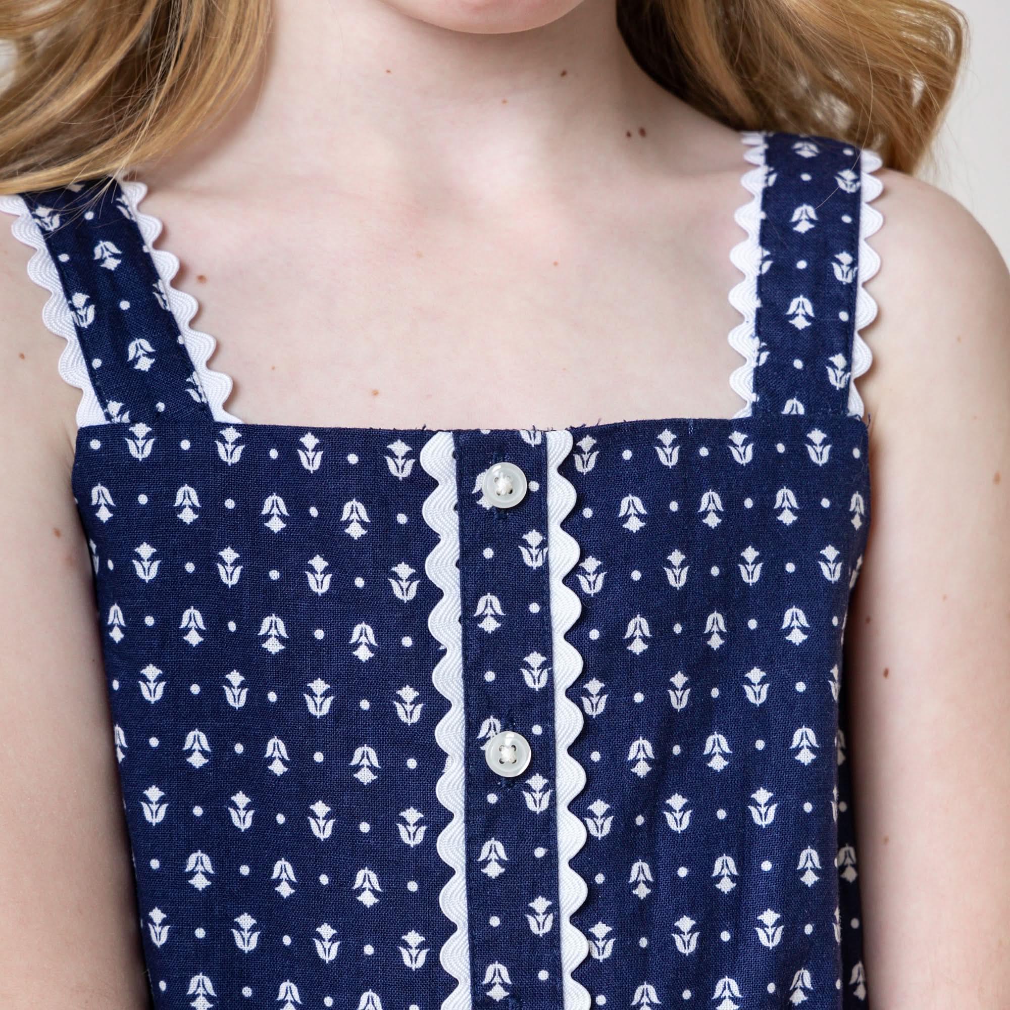 Scallop Trim Linen Blend Romper – Navy Riviera Print (Toddler & Girls) - Triniskies