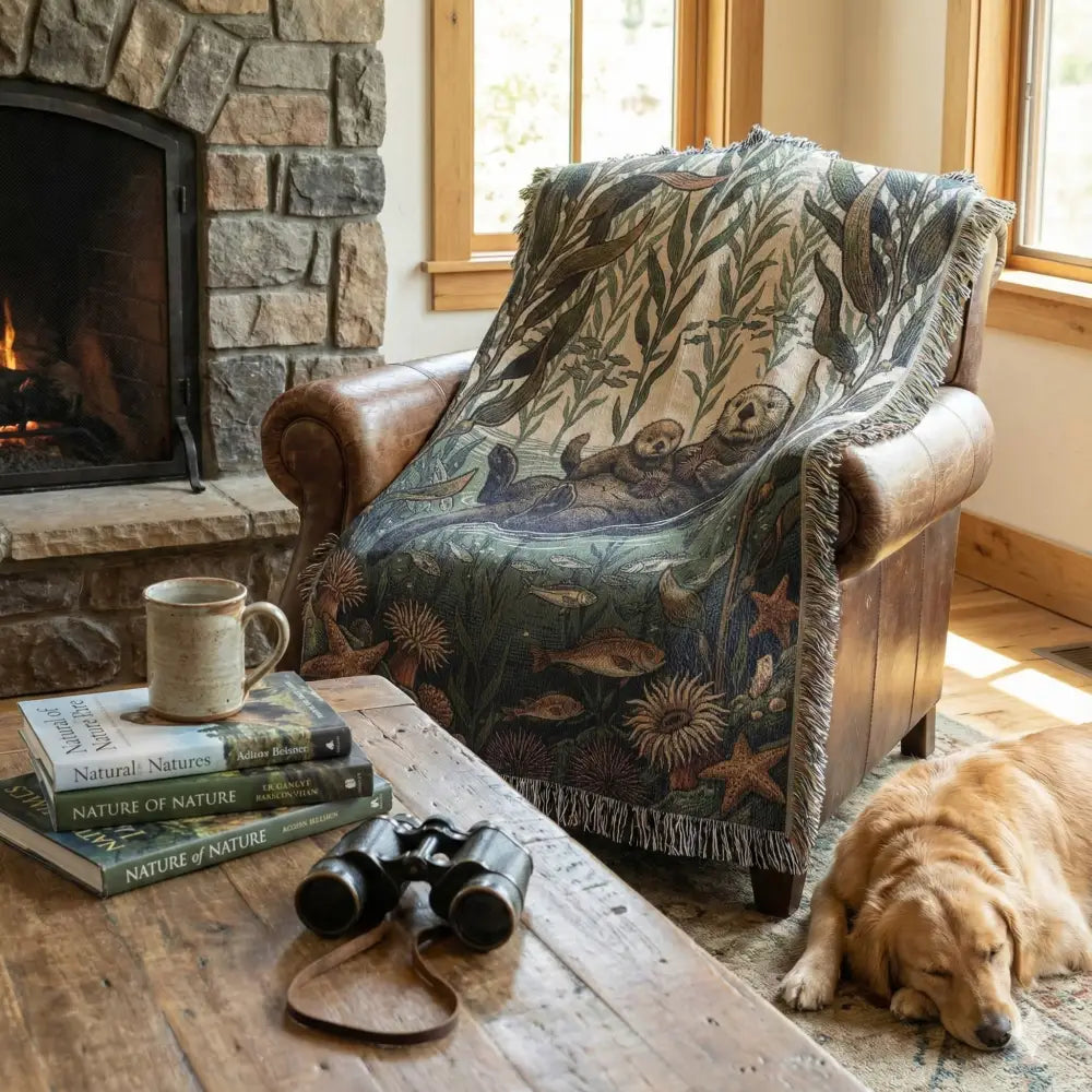 Vintage style cotton sea otter tapestry with kelp forest woven underwater scene