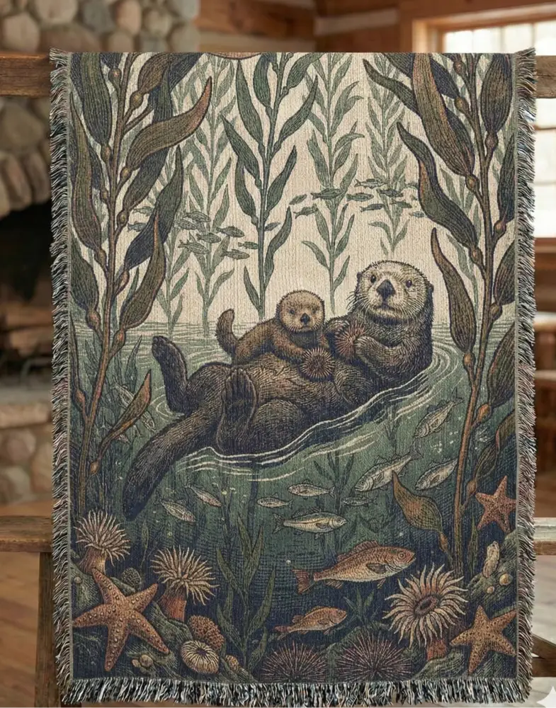 Sea otter tapestry with kelp forest woven vintage style cotton blanket